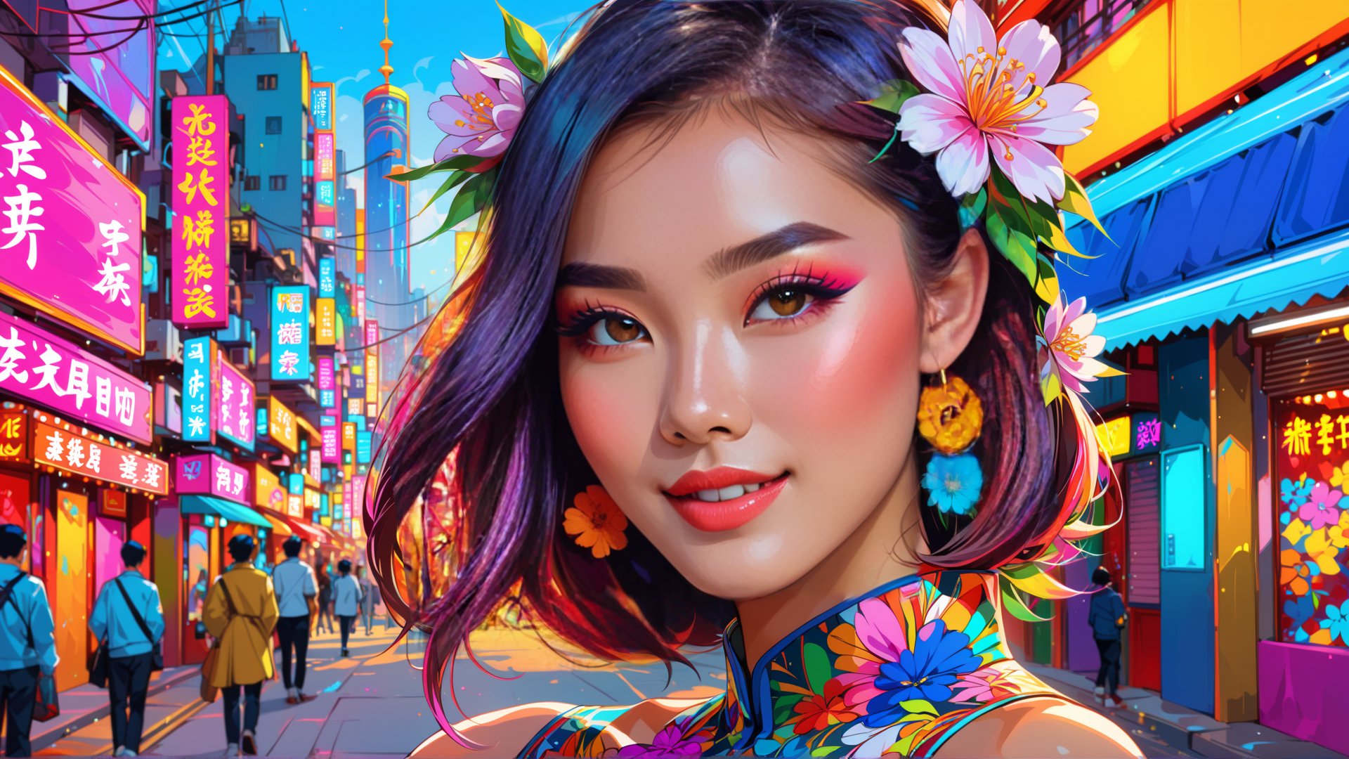 AI generated wallpaper featuring woman, city, flowers