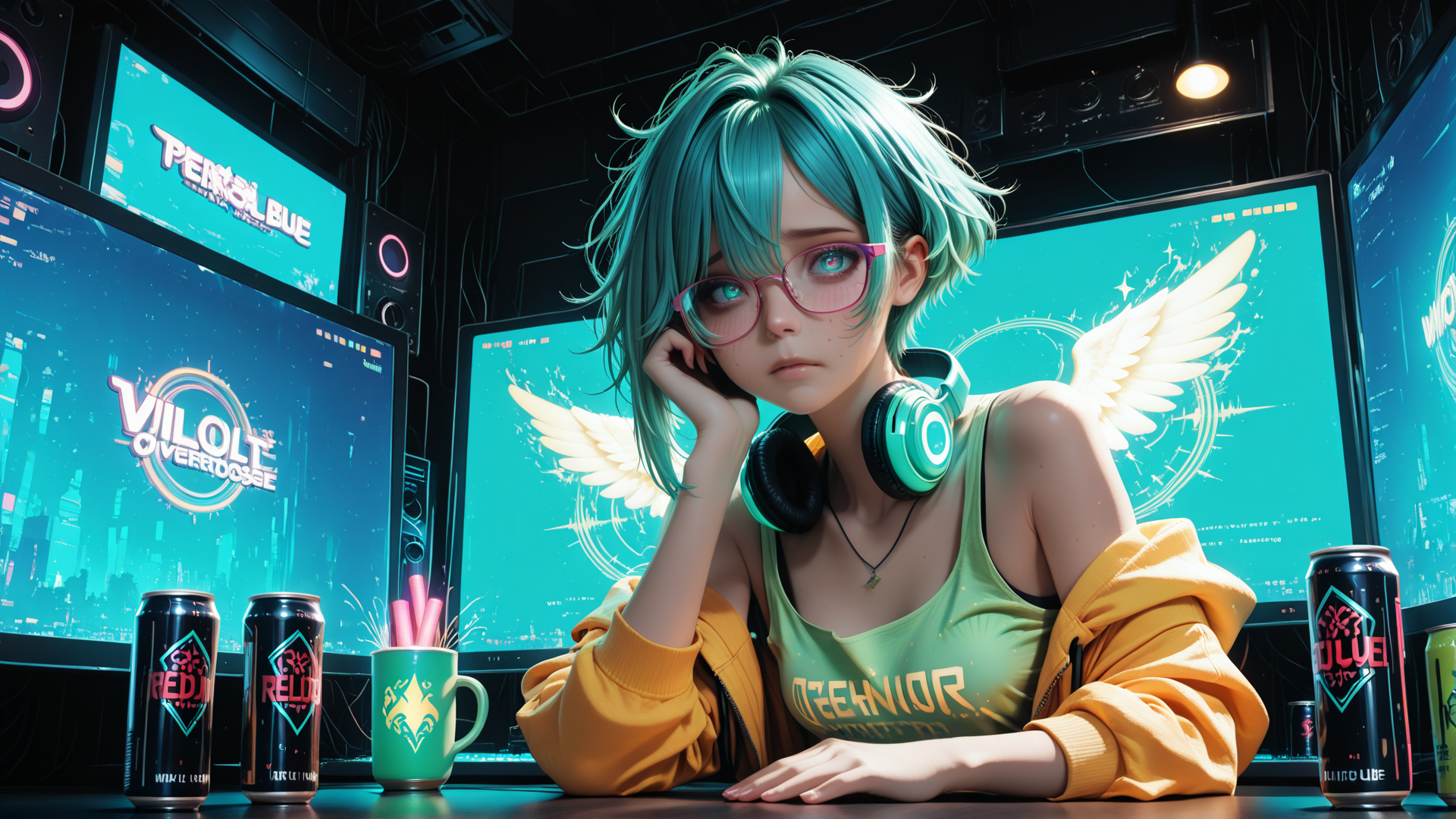 AI generated wallpaper featuring girl, headphones, monitor, can, mug, glasses, wings, jacket, tank top, screen