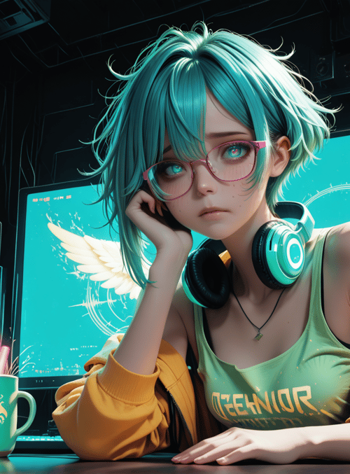 girl, headphones, monitor, can, mug, glasses, wings, jacket, tank top, screen