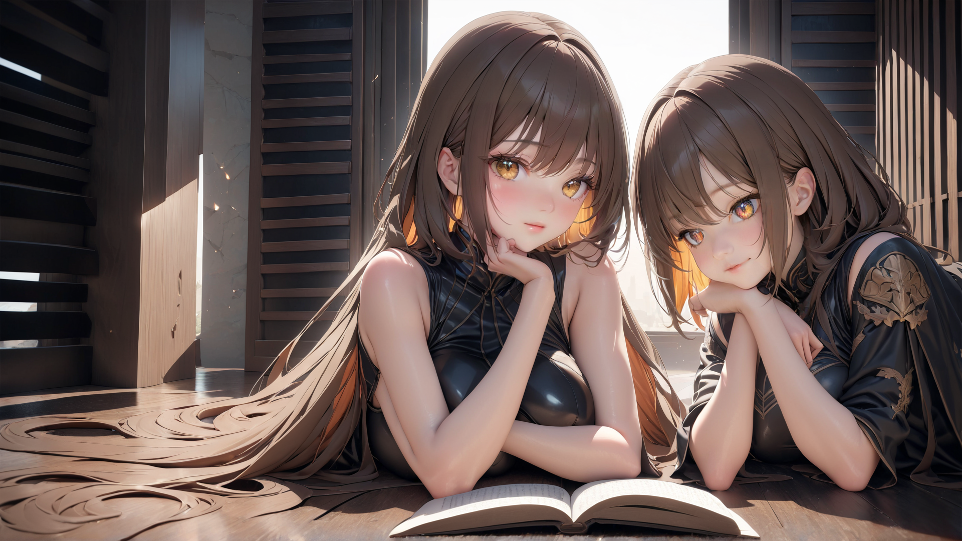 AI generated wallpaper featuring girls, anime, book, hair, dress