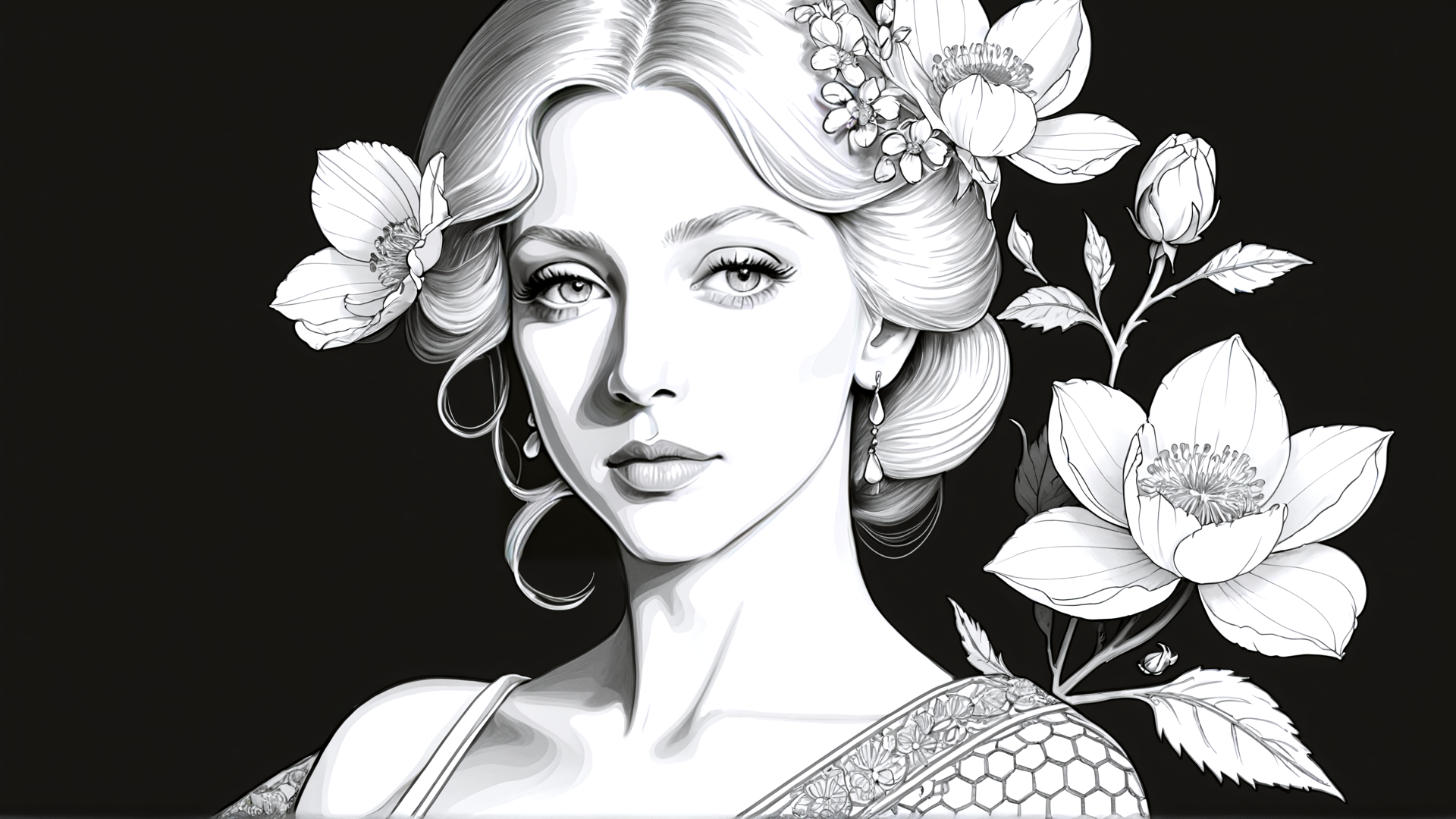 AI generated wallpaper featuring woman, flowers, hair, earrings, dress