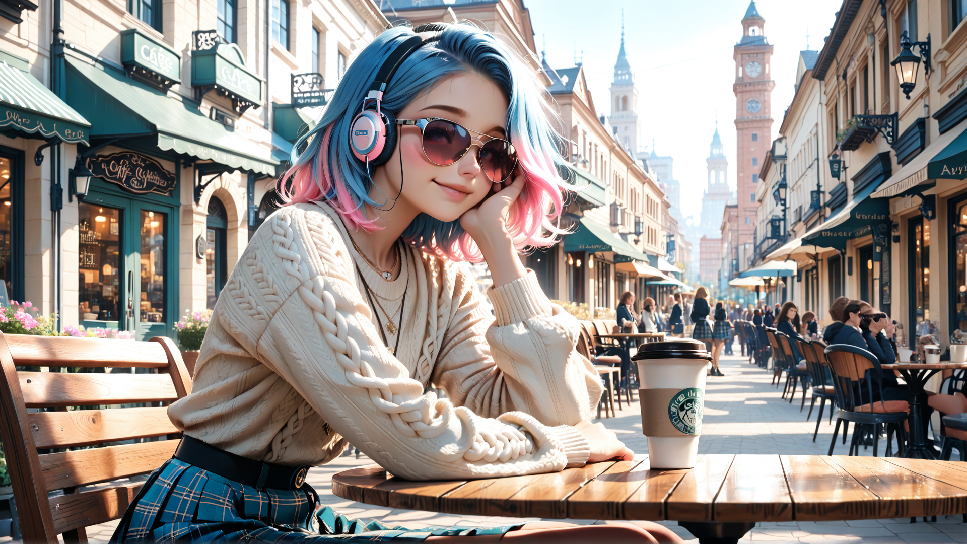 AI generated wallpaper featuring girl, coffee, headphones, sweater, skirt, street, cafe, clocktower, sunglasses, plaid