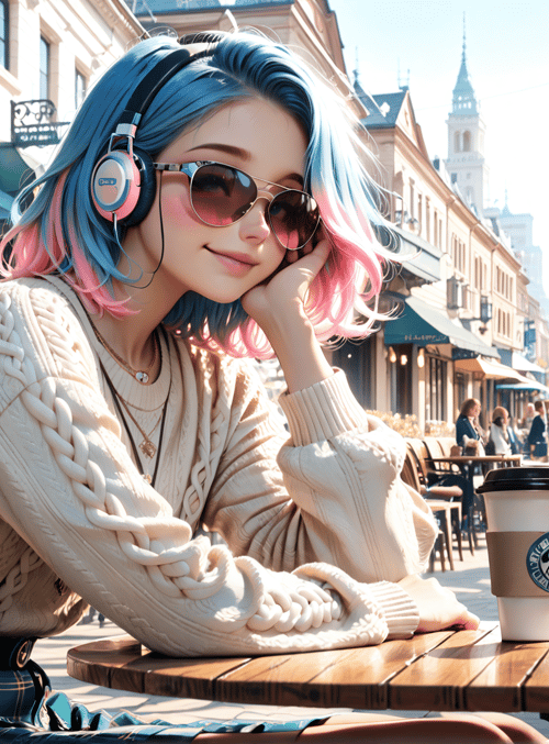 girl, coffee, headphones, sweater, skirt, street, cafe, clocktower, sunglasses, plaid