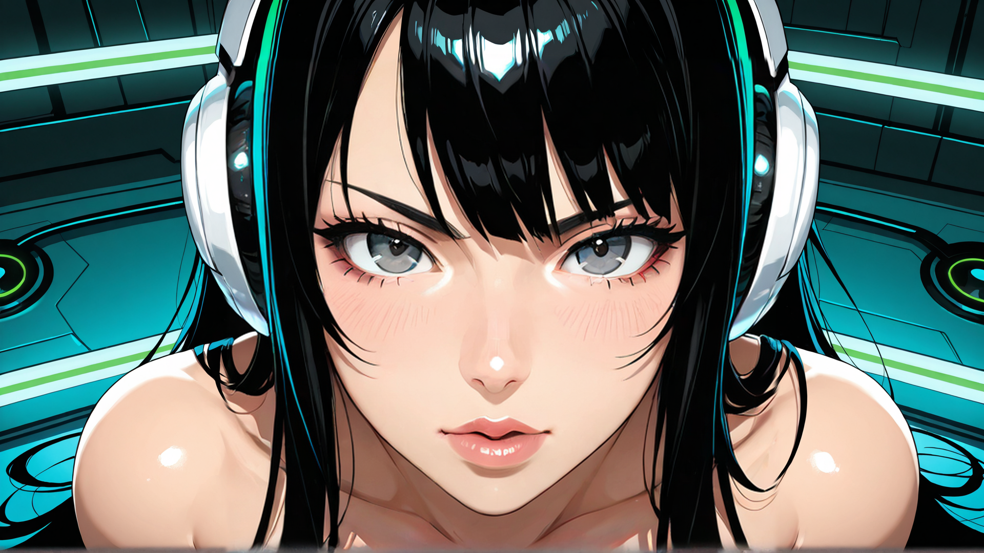 AI generated wallpaper featuring woman, headphones, hair, shoulders, glasses