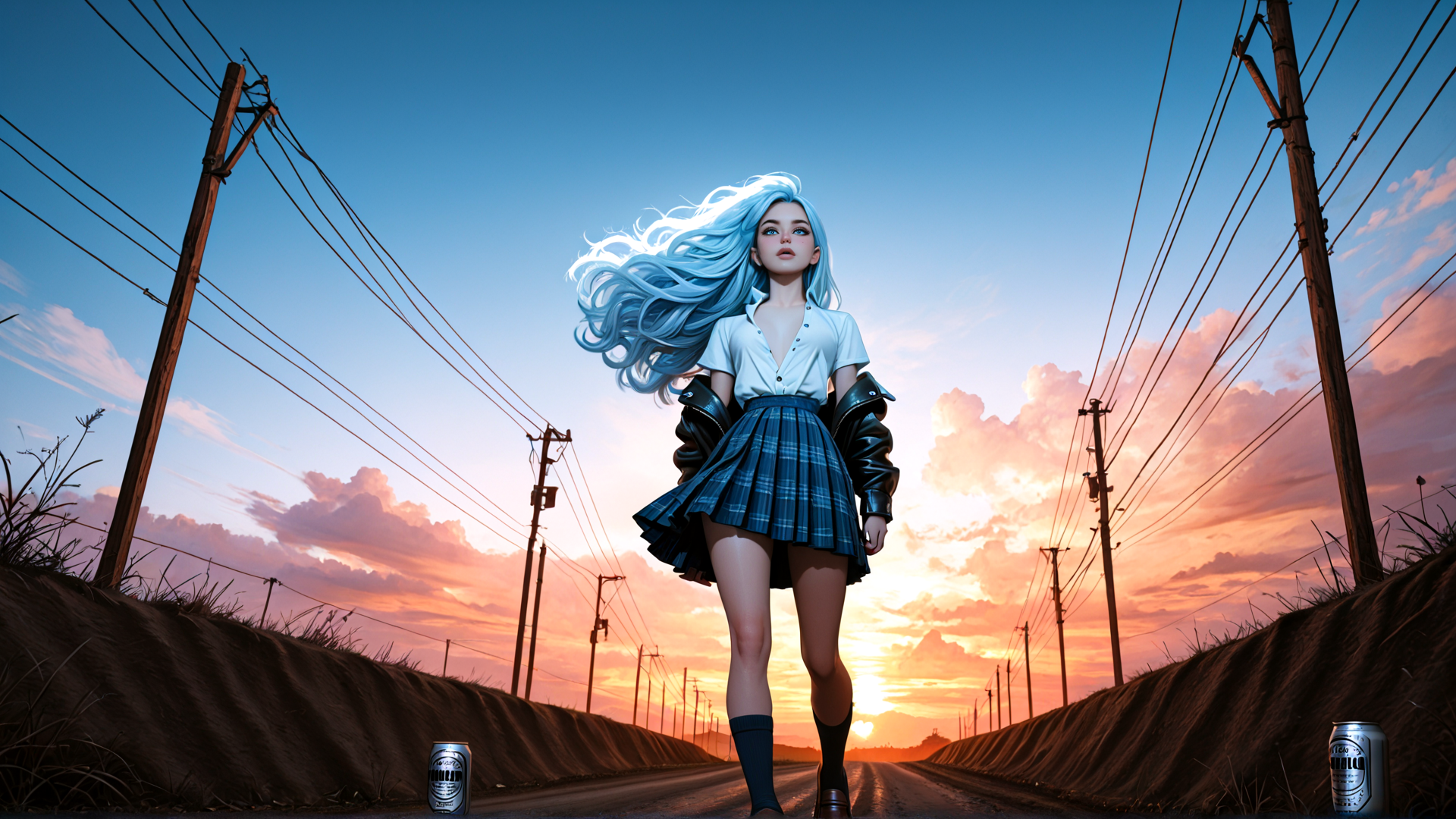 AI generated wallpaper featuring girl, road, power lines, sunset, can, skirt, hair, socks, shoes, sky