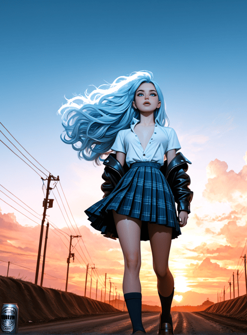 girl, road, power lines, sunset, can, skirt, hair, socks, shoes, sky