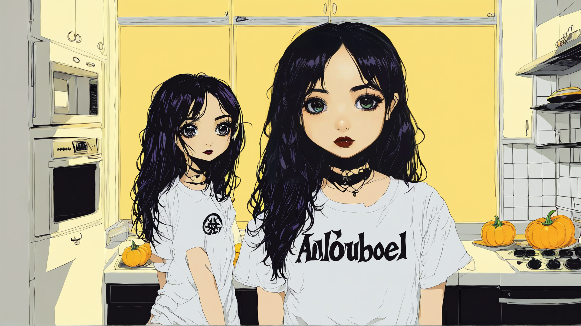 AI generated wallpaper featuring girls, kitchen, pumpkins