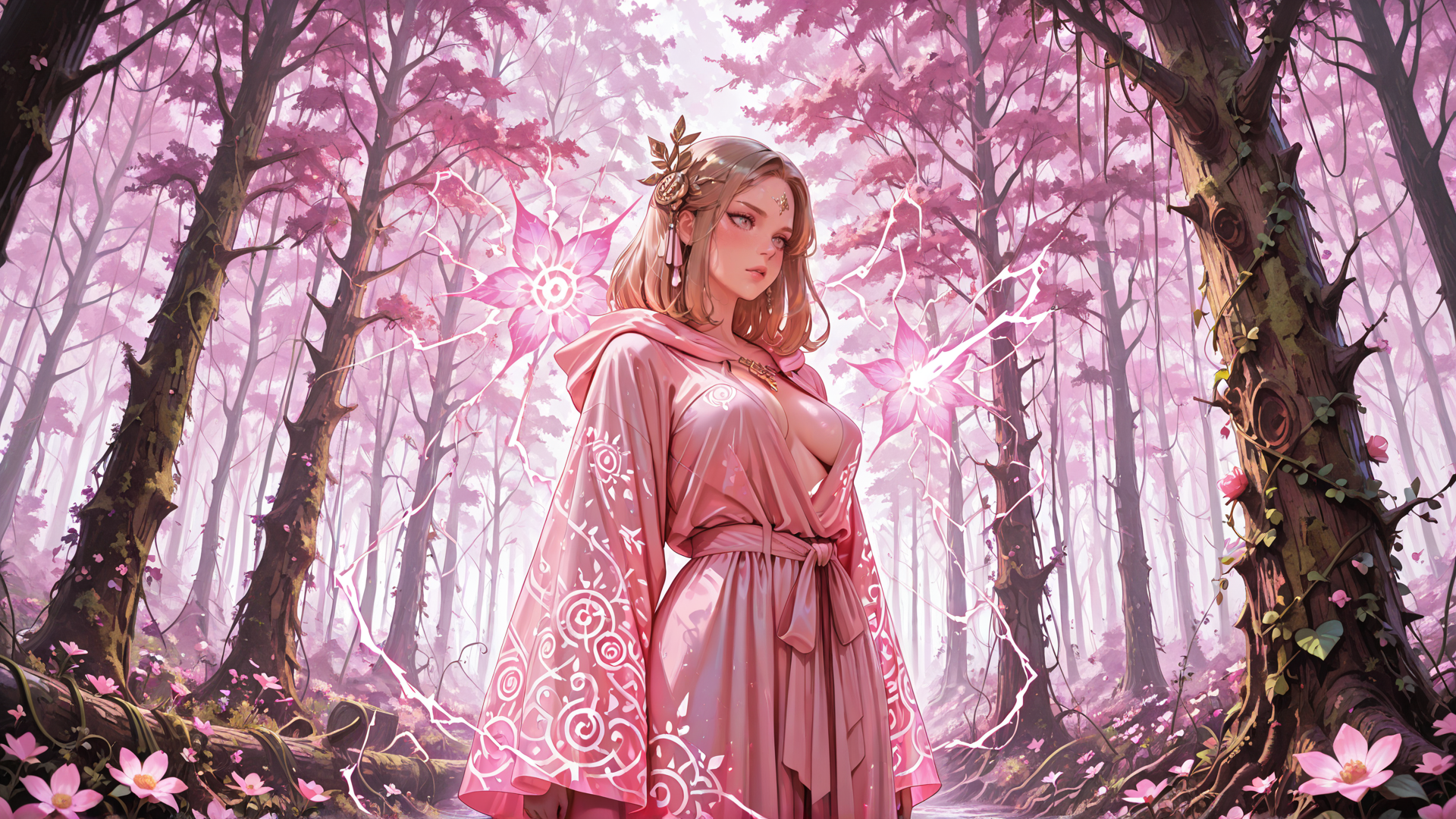 AI generated wallpaper featuring woman, forest, pink flowers, trees, magic, dress, blossom, goddess, fairy, nature