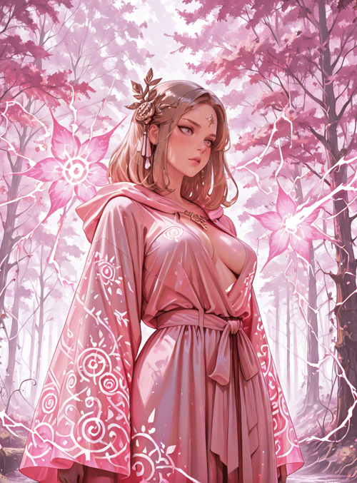 woman, forest, pink flowers, trees, magic, dress, blossom, goddess, fairy, nature