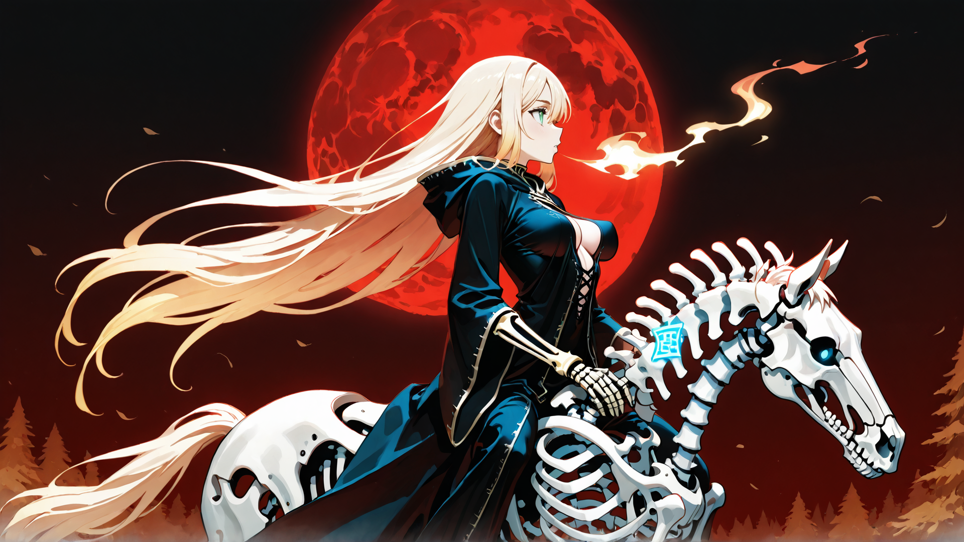 AI generated wallpaper featuring blonde woman, skeleton horse, red moon