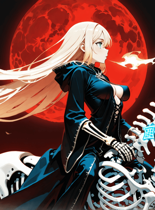 blonde woman, skeleton horse, red moon