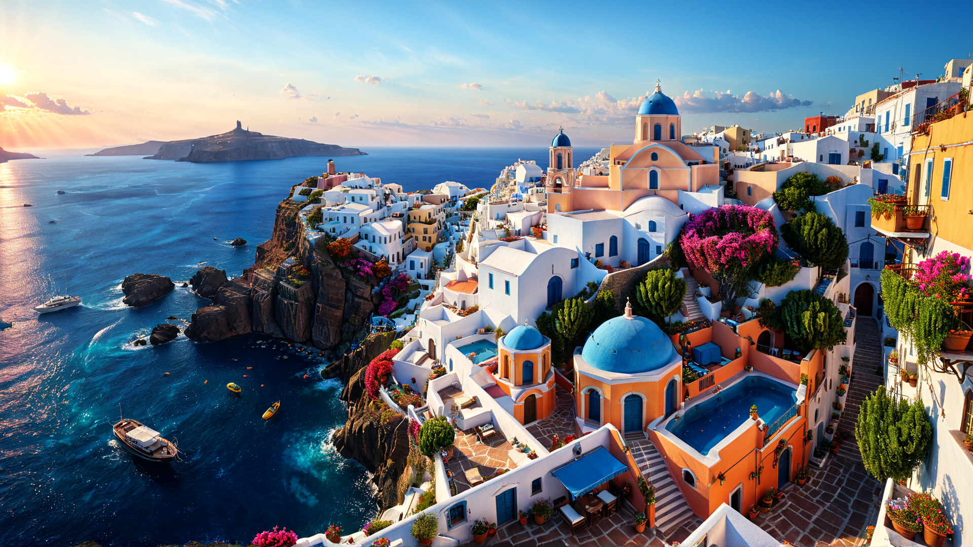 AI generated wallpaper featuring village, church, ocean, cliffs, flowers