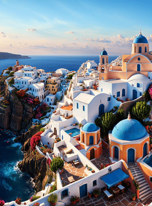village, church, ocean, cliffs, flowers