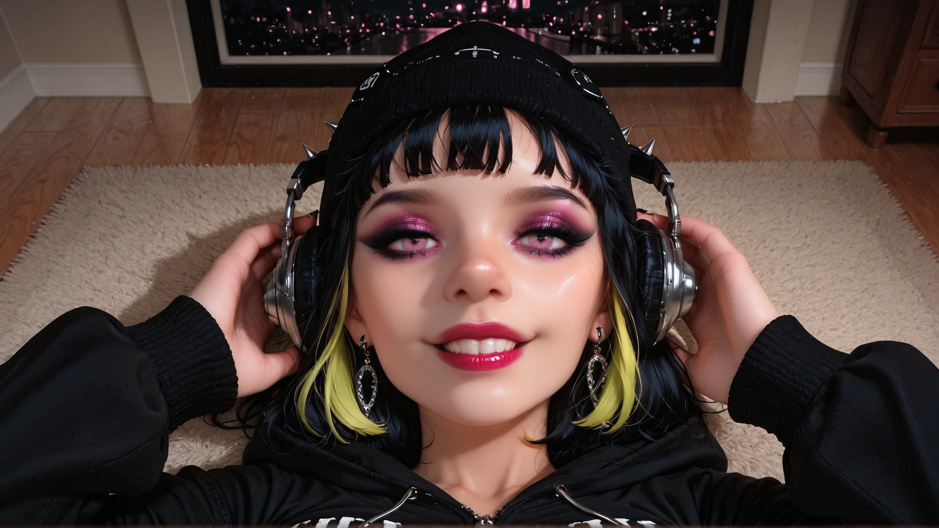 AI generated wallpaper featuring person, headphones, hoodie, cap, earrings, hair, rug, floor, mirror, city