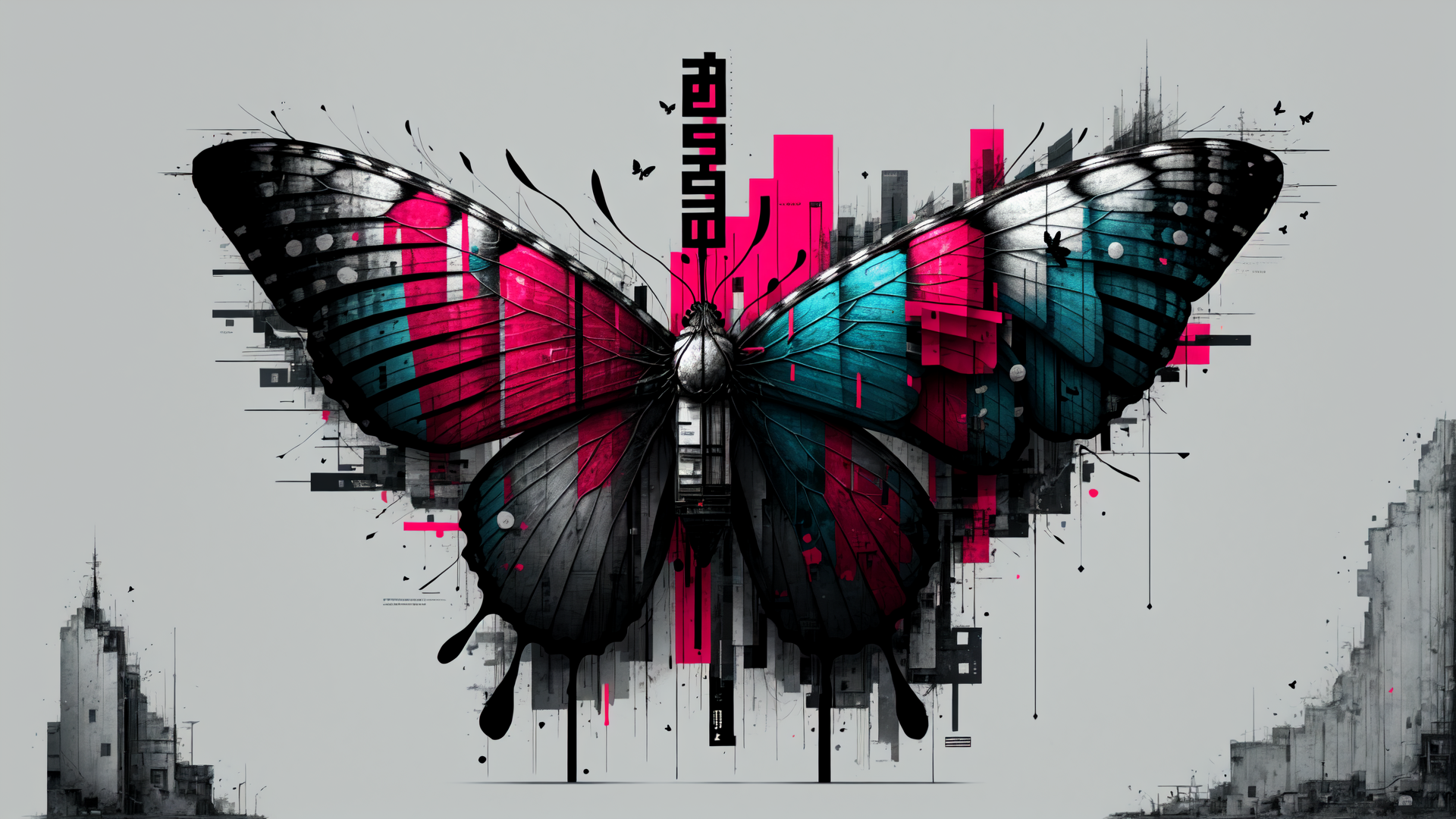 AI generated wallpaper featuring butterfly, cityscape, digital art, graphic design