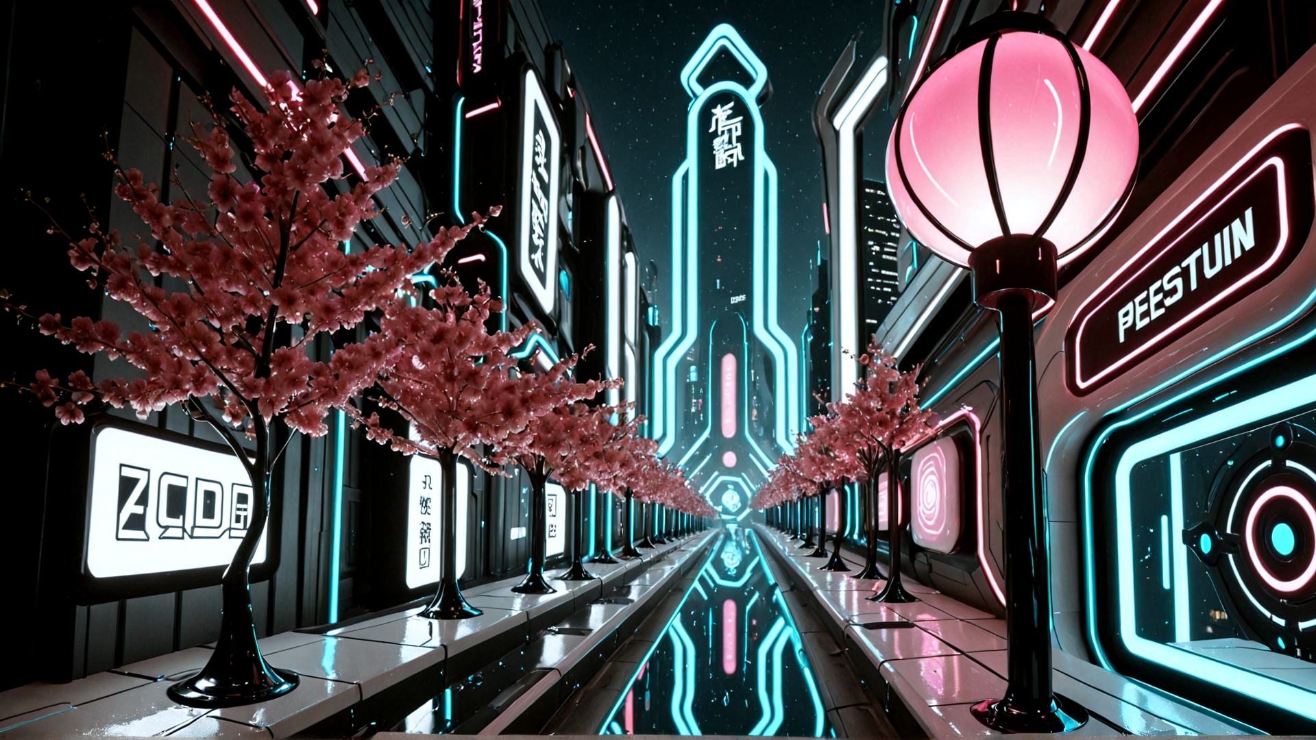 AI generated wallpaper featuring cherry blossom trees, neon street, lampion, buildings, signage