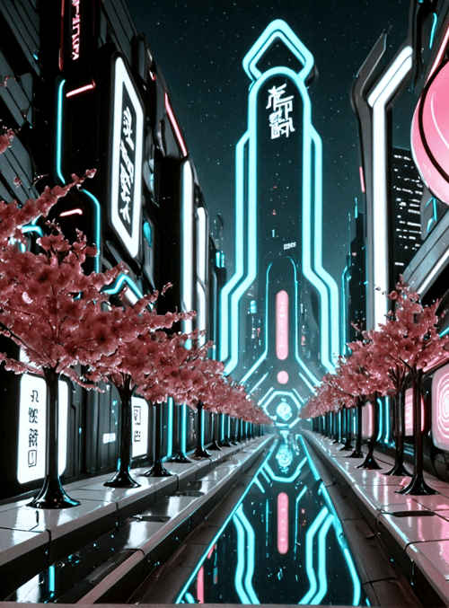 cherry blossom trees, neon street, lampion, buildings, signage