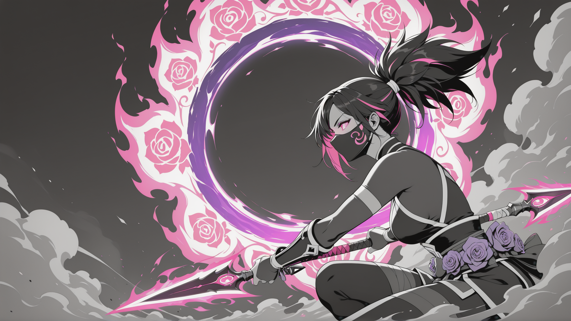 AI generated wallpaper featuring ninja, roses, swords, mascara, ponytail, mask