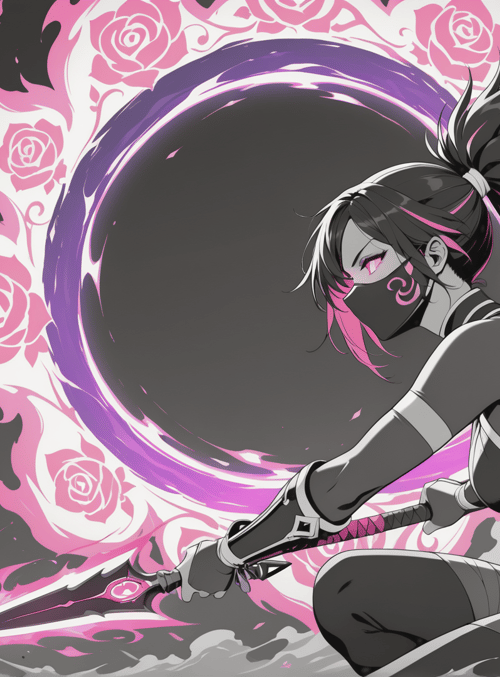 ninja, roses, swords, mascara, ponytail, mask