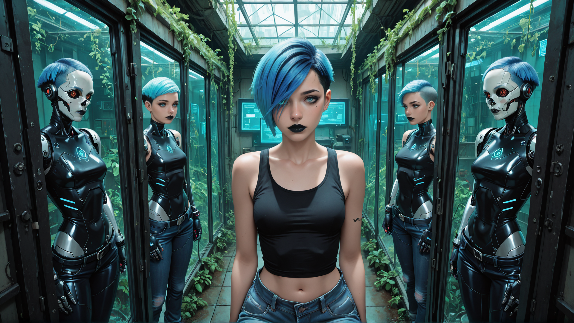AI generated wallpaper featuring cyborg, human, robot, woman, mirror