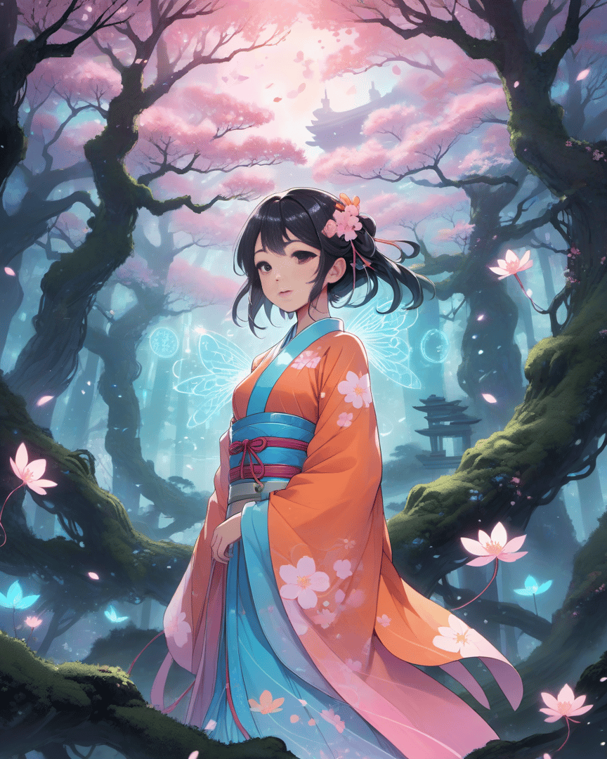 AI generated wallpaper featuring girl, sakura, butterfly