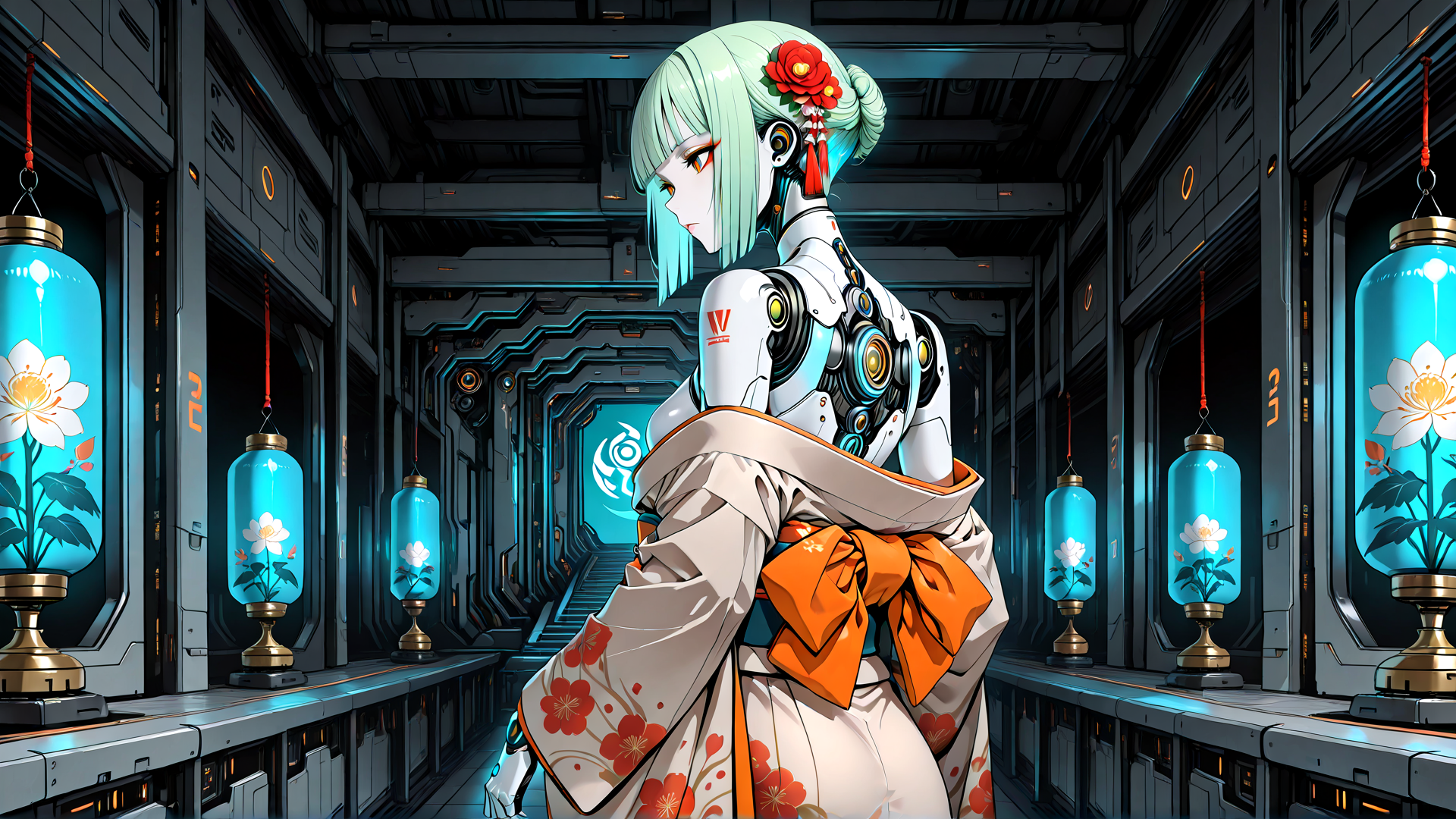 AI generated wallpaper featuring robot, girl, kimono, lantern, corridor