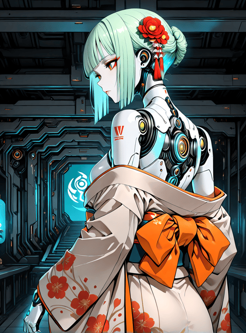 robot, girl, kimono, lantern, corridor