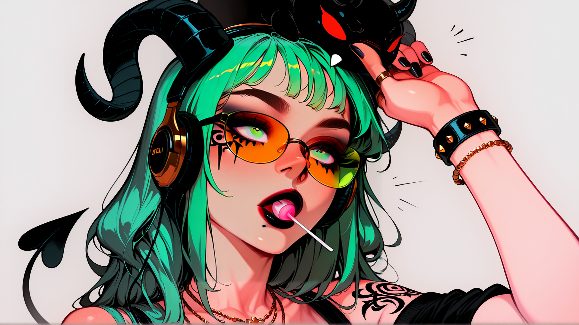 AI generated wallpaper featuring devil, girl, headphones, candy, cat, tattoo