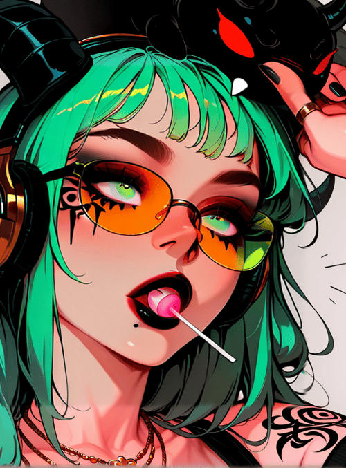 devil, girl, headphones, candy, cat, tattoo