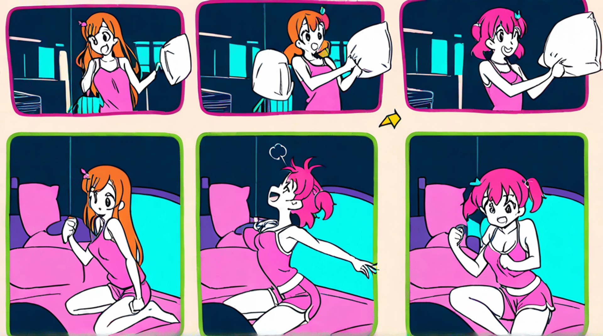 AI generated wallpaper featuring girls, pillow, bed