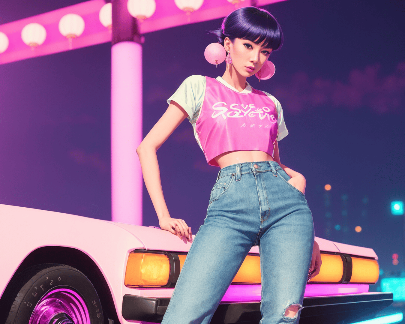 AI generated wallpaper featuring woman, car, lanterns