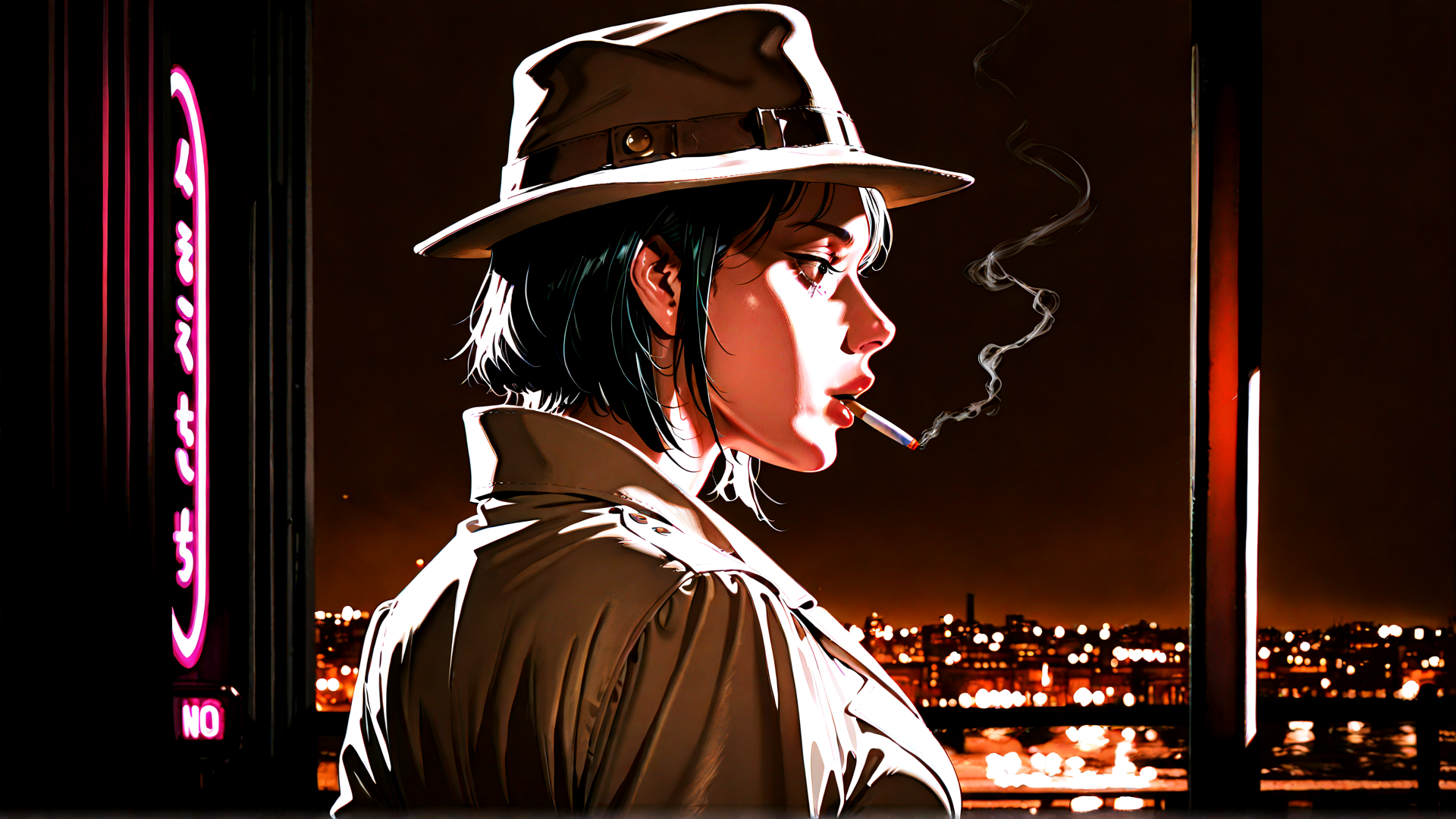 AI generated wallpaper featuring woman, hat, cigarette, cityscape, neon sign