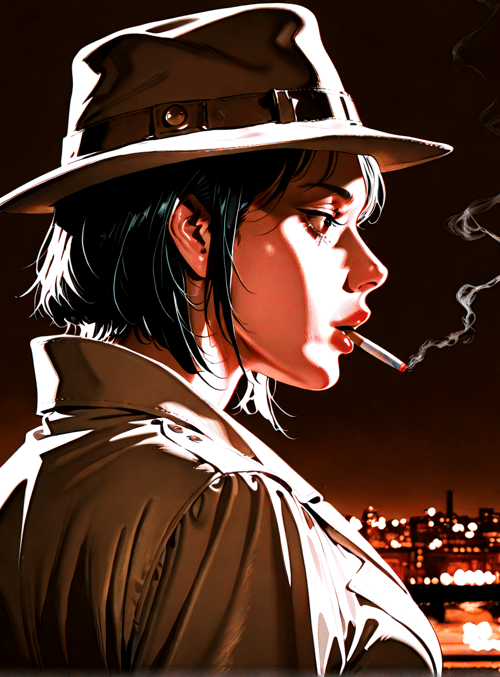 woman, hat, cigarette, cityscape, neon sign