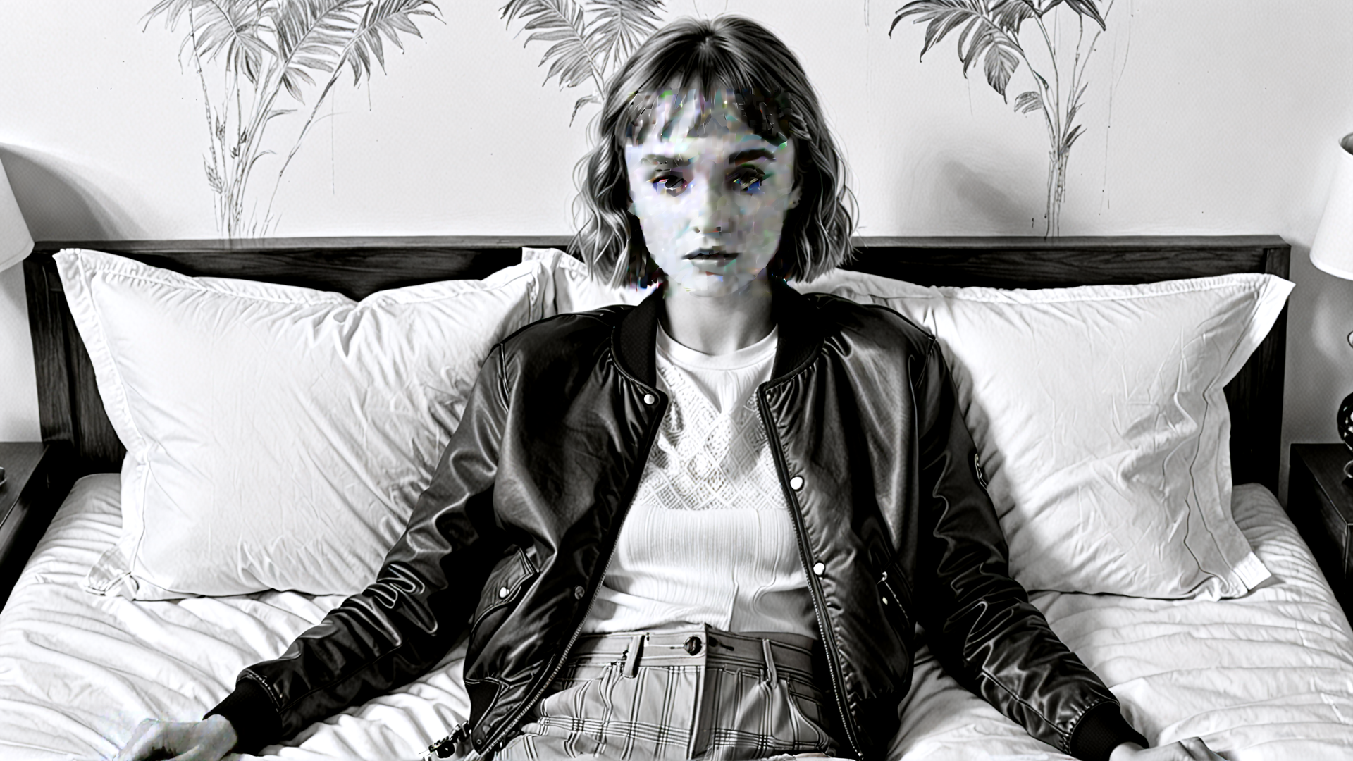 AI generated wallpaper featuring woman, bed, pillow, bomber jacket, plaid skirt, plant, lamp