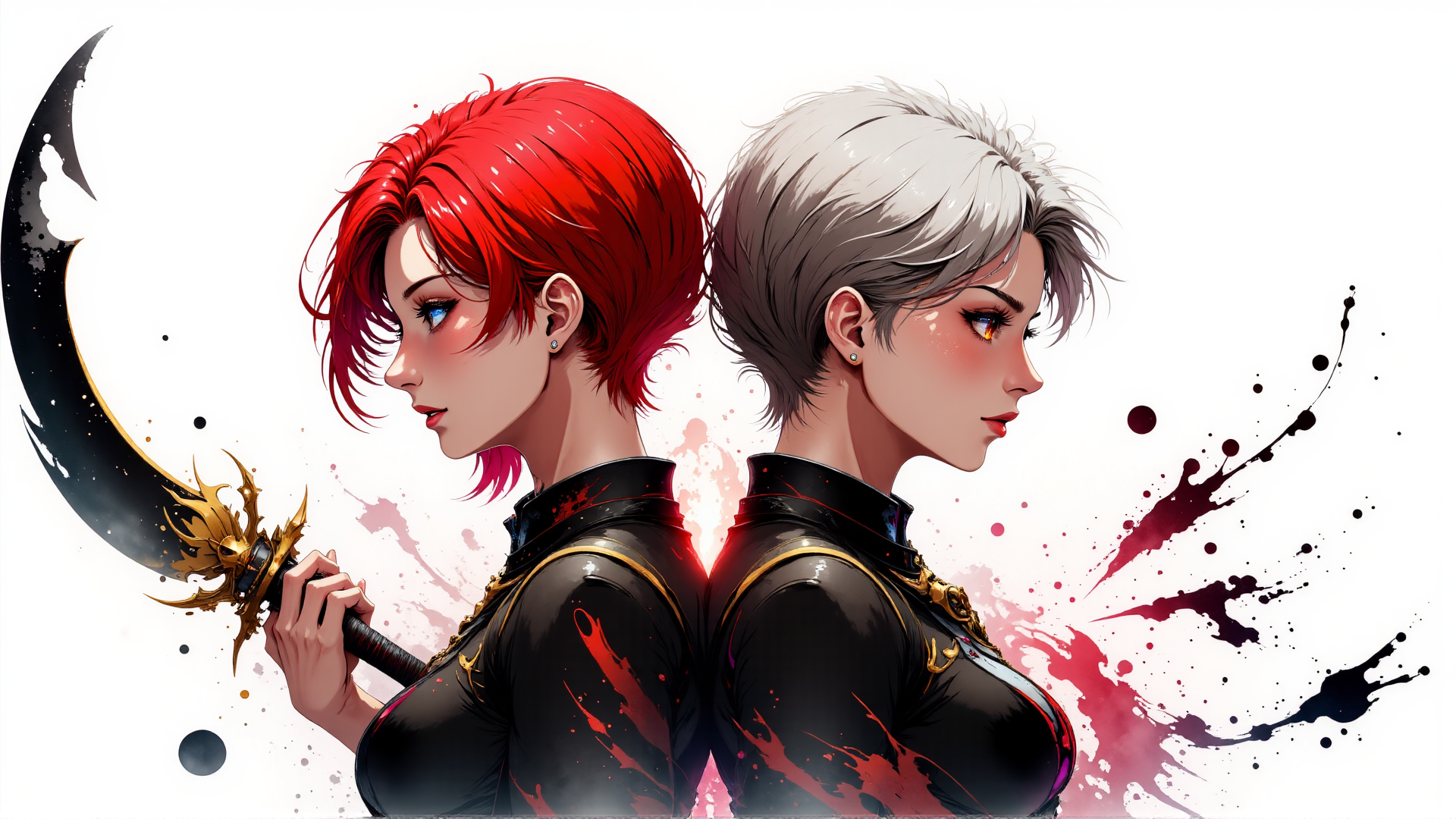 AI generated wallpaper featuring woman, sword, red hair, white hair, ink splatters