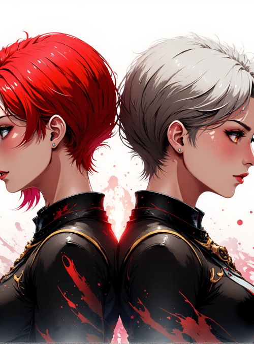 woman, sword, red hair, white hair, ink splatters