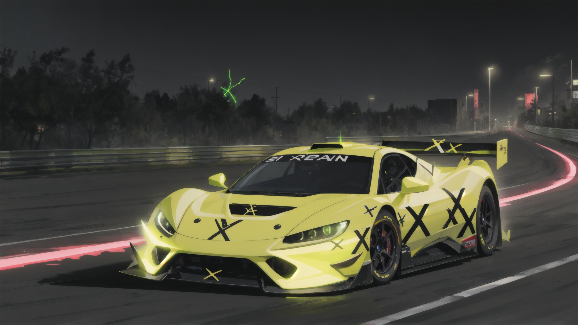 AI generated wallpaper featuring sports car, race track, night, road, fog