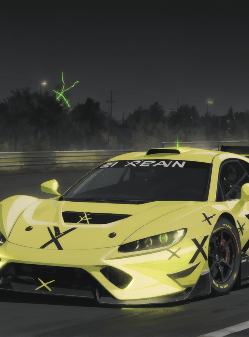 sports car, race track, night, road, fog