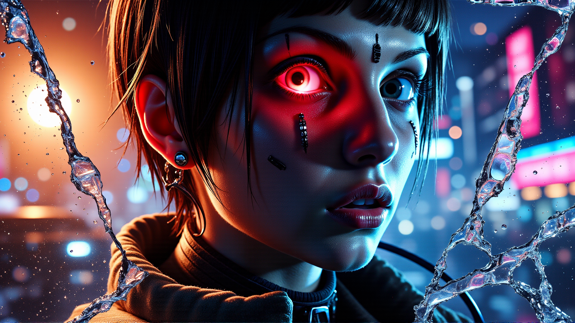 AI generated wallpaper featuring woman, city, neon, glitch, futurism, cyberpunk, digital, fragment, glasses, portrait