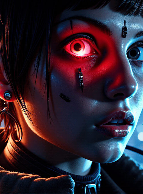 woman, city, neon, glitch, futurism, cyberpunk, digital, fragment, glasses, portrait