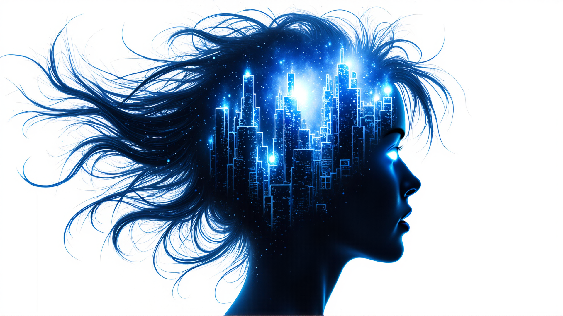 AI generated wallpaper featuring woman, cityscape, hair