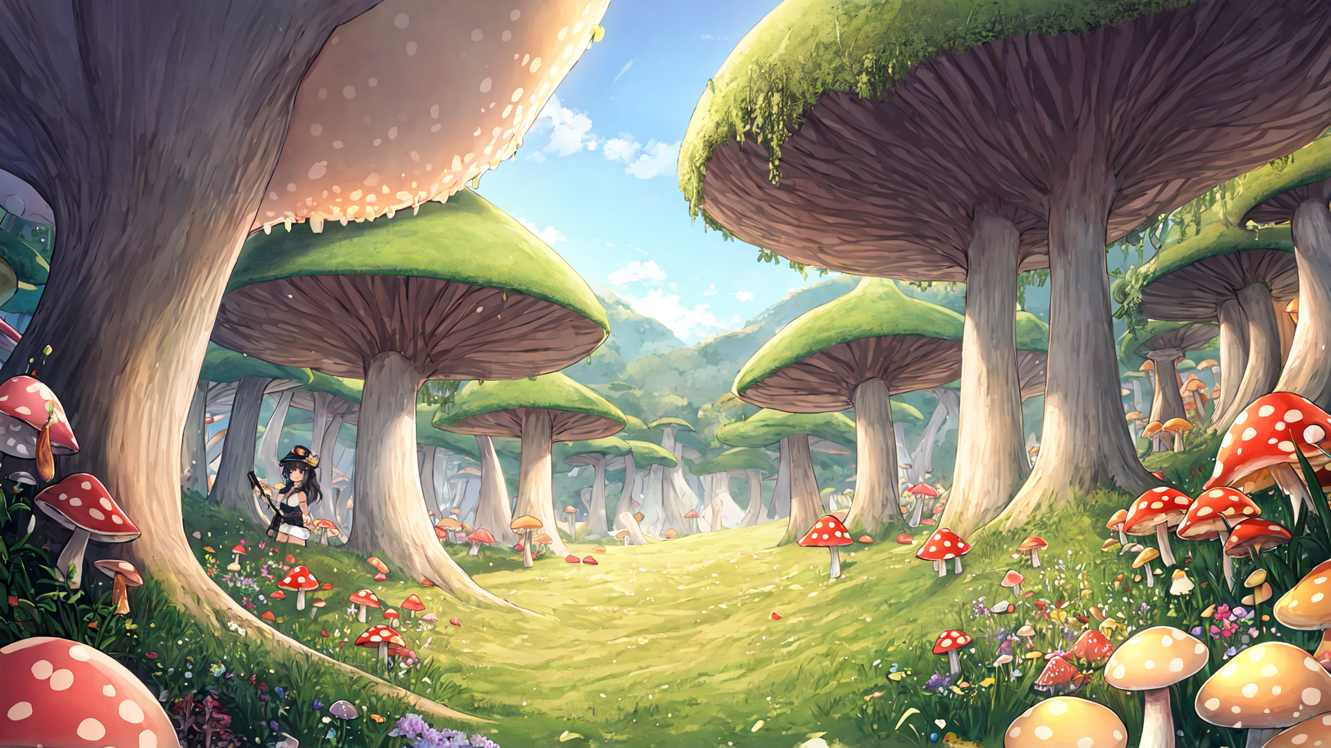 AI generated wallpaper featuring mushroom, girl, forest, flower, fairy, tree, sunlight, grass, cloud, mountain