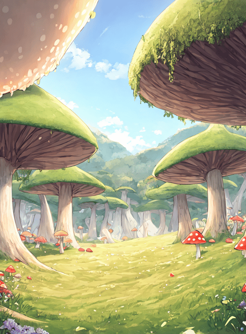 mushroom, girl, forest, flower, fairy, tree, sunlight, grass, cloud, mountain