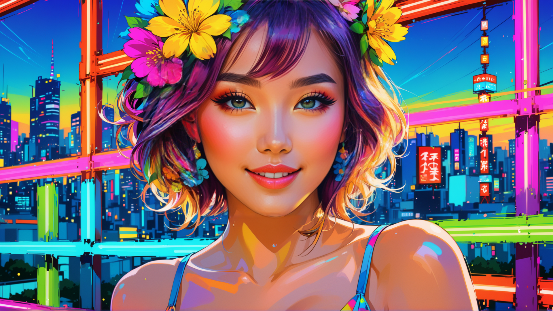 AI generated wallpaper featuring woman, cityscape, flowers