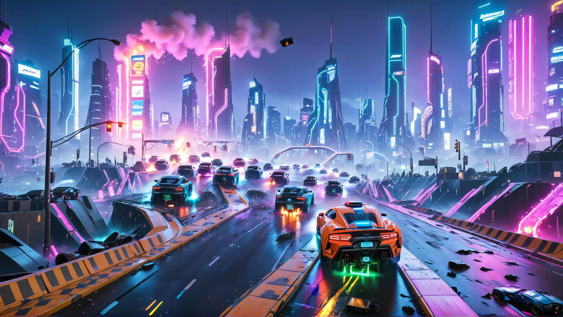 AI generated wallpaper featuring cars, city, neon
