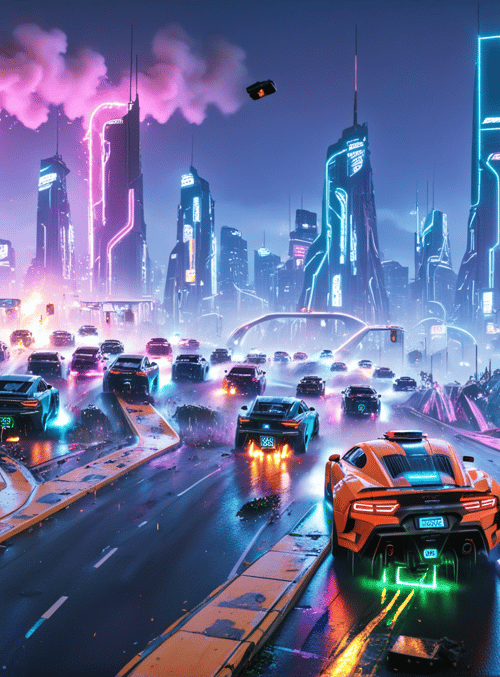 cars, city, neon