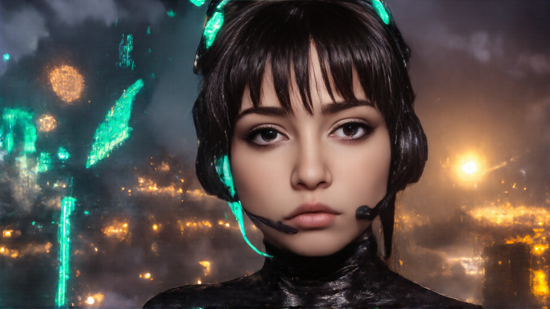 AI generated wallpaper featuring cyborg, woman, city