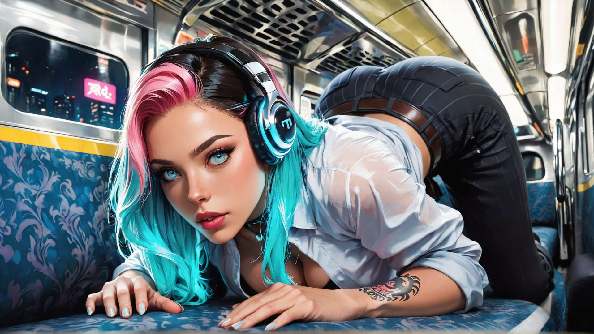 AI generated wallpaper featuring woman, headphones, subway, shirt, tattoo, hair