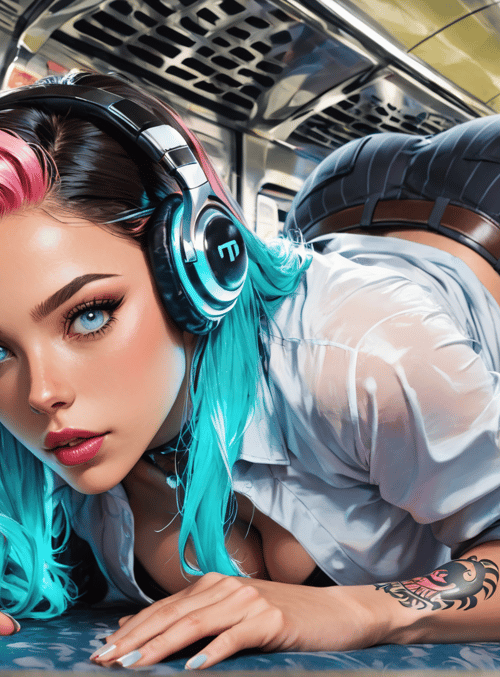 woman, headphones, subway, shirt, tattoo, hair