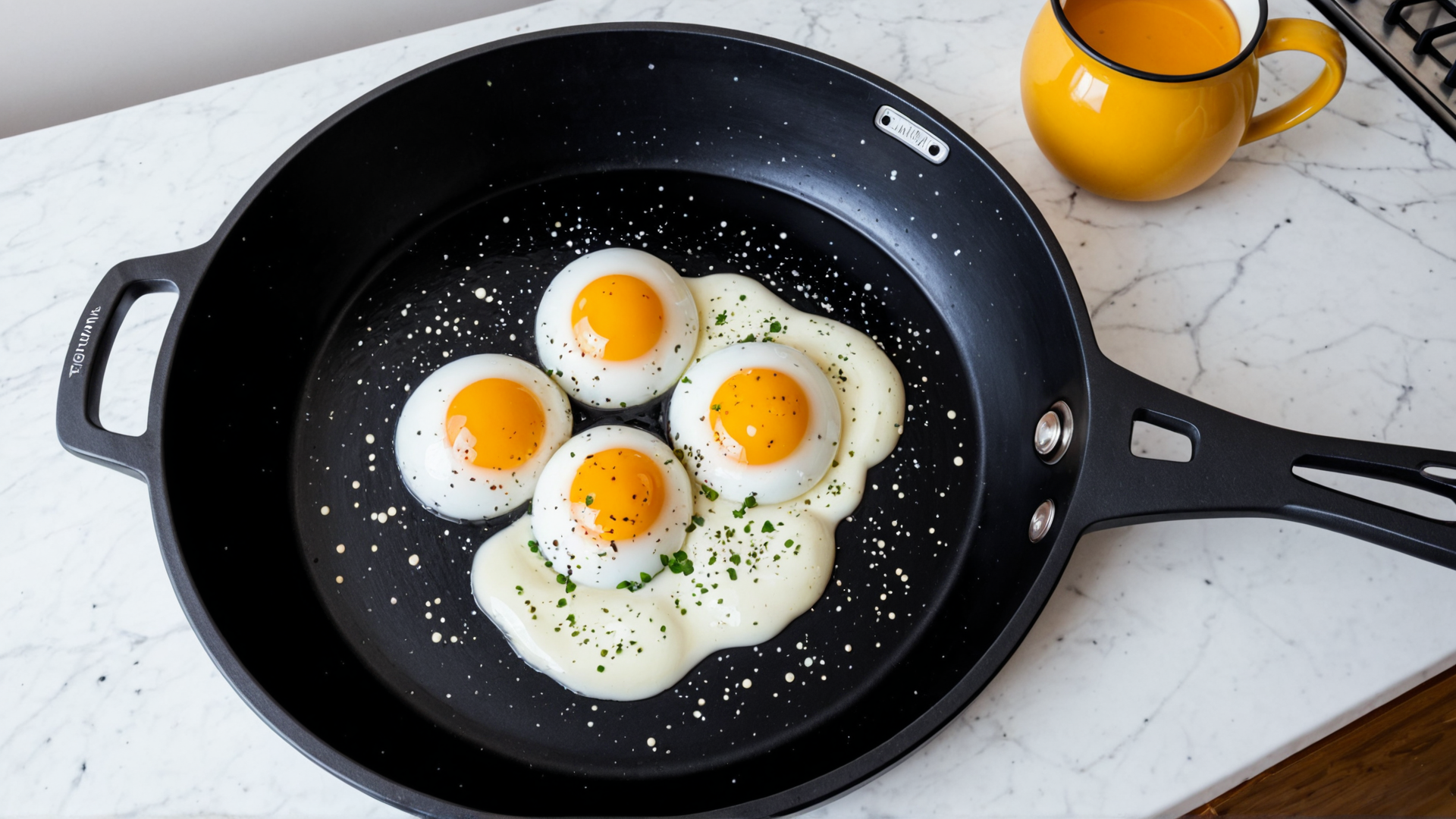 AI generated wallpaper featuring eggs, pan, cup